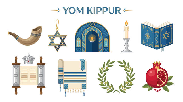 Yom kippur holiday prayer book and sacred jewish religious symbols