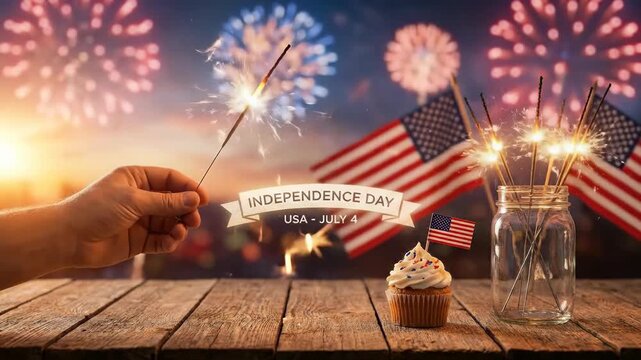 Hand holding glowing sparkler, celebrating united states of america independence day, fourth of july holiday event, with usa flag, festive cupcake, exploding firework illuminating dark night sky.