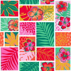 Colorful hibiscus and tropical leaf seamless pattern for summer holidays background. © NTRdesign