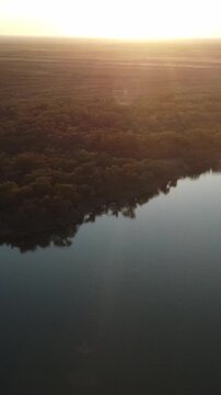 Cinematic aerial view of sun rays shining over river and forest at sunset, golden hour landscape, Syr Darya, Kazakhstan. High quality 4k footage