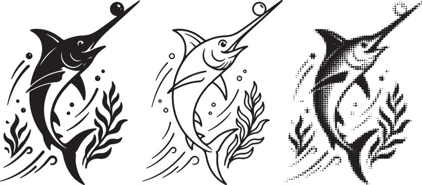 Set of swordfish illustrations in different styles