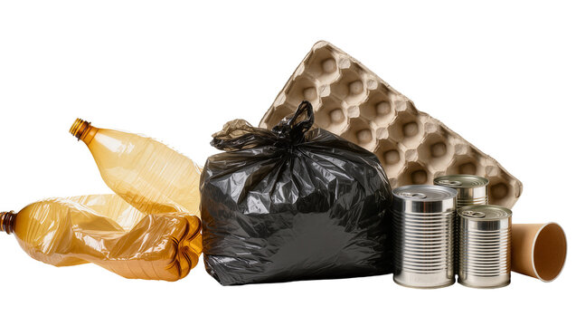 Isolated collection of recyclable waste items including plastic bottles, metal cans, cardboard, and trash bag