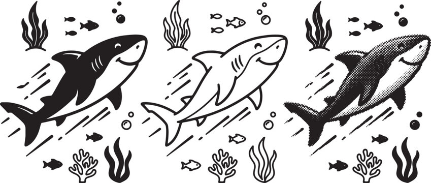 Set of three cute cartoon sharks