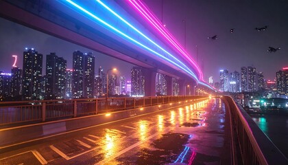 Naklejka premium Experience a vibrant cyberpunk future with neon highway trails, flying drones, and glowing skyscrapers. This hightech urban scene captures a sleek, scifi atmosphere for digital projects.