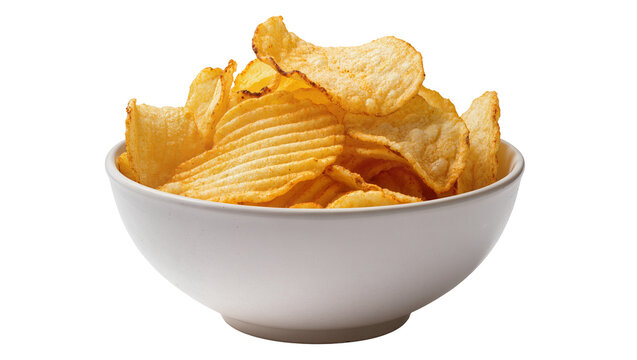Isolated bowl of golden crispy potato chips, delicious savory snack food ready for munching