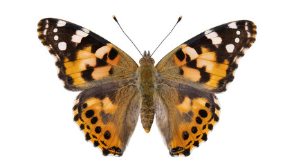 Isolated Painted Lady butterfly with beautiful orange black and white patterned wings and antennae © Conor