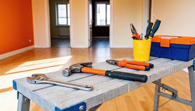 A workbench with various tools including a hammer, wrench, and screwdriver set. The background shows an empty room with orange walls and wooden flooring.