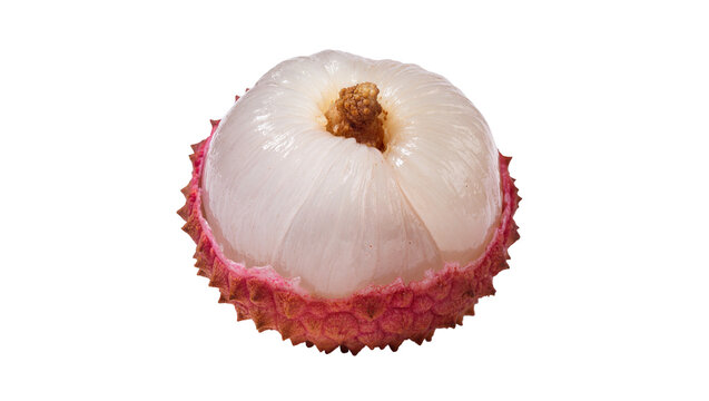 Isolated fresh lychee fruit partially peeled, revealing its delicious translucent white flesh.