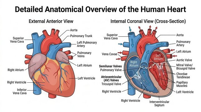 Anatomical diagram of human heart external and internal view illustration
