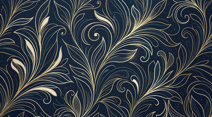 Elegant seamless pattern with golden floral swirls and leaves on a dark navy blue background © S.Siam