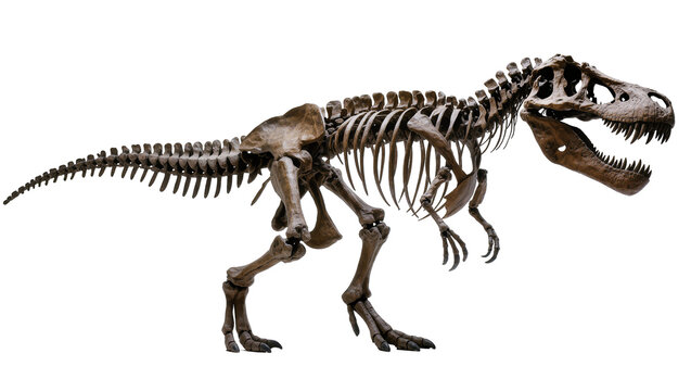 Isolated powerful Tyrannosaurus Rex skeleton, a formidable prehistoric dinosaur predator.