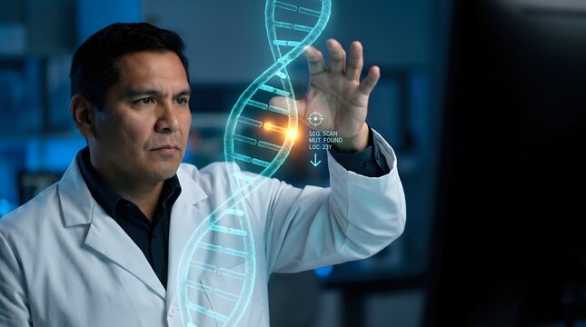 Focused Indigenous Molecular Biologist Pulling AR DNA Strand Copyspace