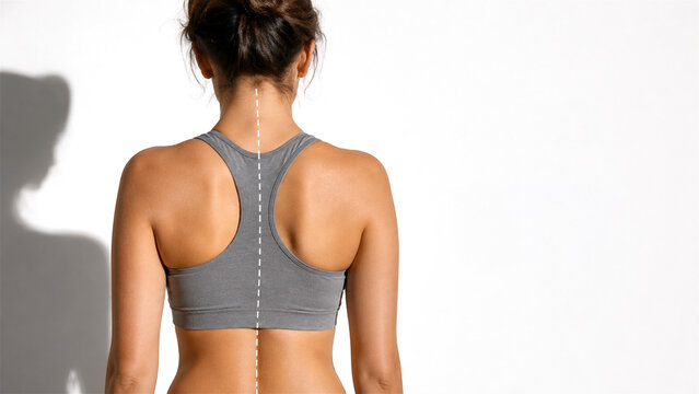 woman with good posture showing straight spine line. Concept of healthy back alignment and spinal ergonomics. Rehabilitation and osteopathy medical visual for physical therapy correction