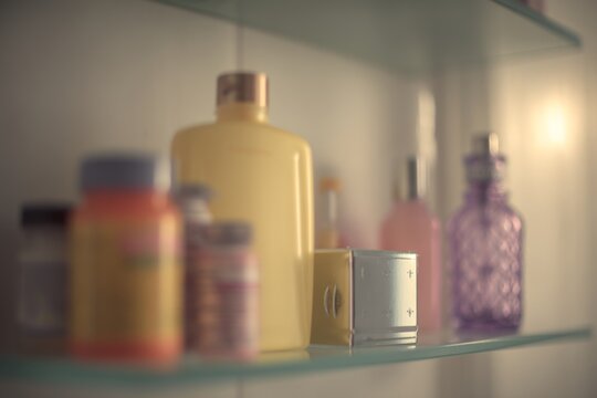 Medicine bottles and skincare product on bathroom shelf. Concept for women health and daily supplement routine to manage thyroid hormonal balance and fatigue. Healthcare interior detail.