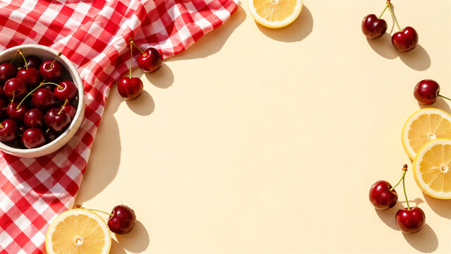 cherry and lemon on napkin with checkered pattern. Fresh fruit arrangement for summer picnic. Culinary background with copy space for food blog or menu design. Bright food concept