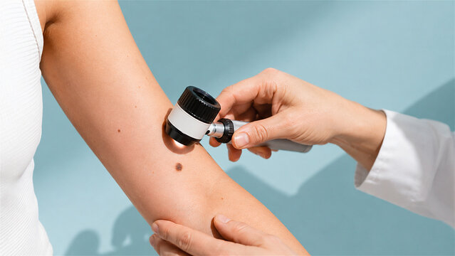 dermatologist using dermatoscope to examine mole on woman arm. Skin cancer screening and checkup. Doctor performing clinical skin examination for medical diagnosis and health prevention