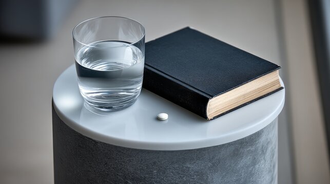 Prescription pill with glass of water and book on table. Daily medication for women hormone balancing and thyroid treatment. Concept of routine healthcare, self care and medical wellness.