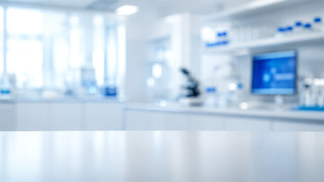 blurred laboratory background with empty workbench for product placement. Scientific research center interior with computer and equipment. Microbiology, chemistry or medical study base