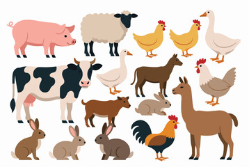 Naklejka premium Diverse collection of domestic farm animals including a cow pig sheep donkey goat rabbit chicken rooster and goose.