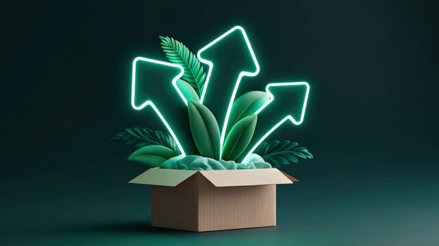 Cardboard box with neon arrow growth and tropical leaf e commerce sustainable packaging choices