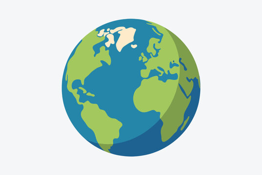 Stylized planet earth illustration showing green continents and blue oceans on a light background for environmental and global concepts.