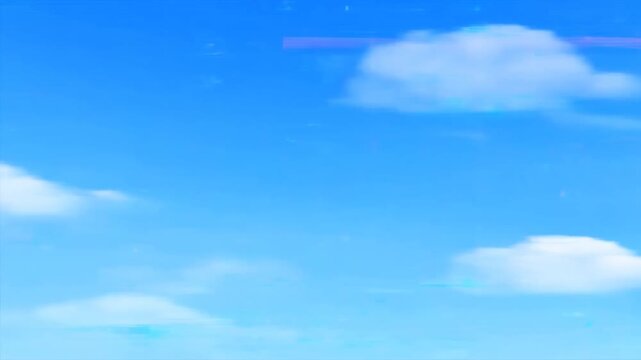 Static shot of blue sky with white clouds experiencing vertical digital glitch distortion and rolling scan artifact across frame in daytime