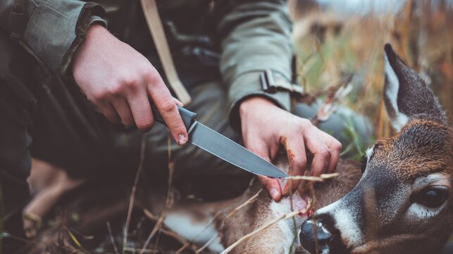 Deer hunter holding knife preparing game processing in field after successful hunt, dressing harvested deer for meat, wildlife management, outdoor hunting tradition