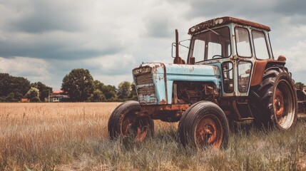Fototapeta premium Old rusty farm tractor in corn field with vintage rural machinery, agriculture, farming, harvest, countryside landscape and weathered equipment showing age, history and traditional field work
