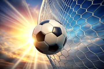Naklejka premium Soccer ball hitting the net with dynamic colorful streaks, football goal celebration illustration. g.
