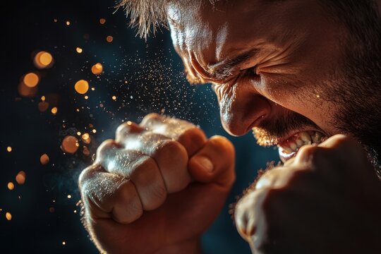 Frustrated man clenching fist in dramatic close up with intense face and flying dust particles