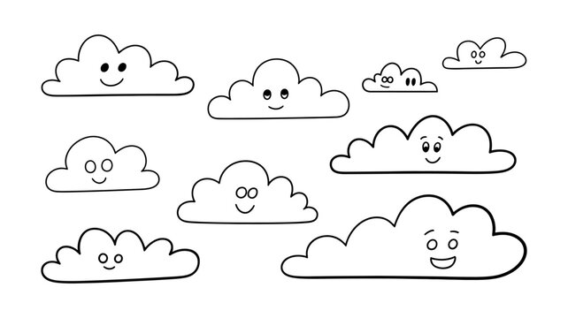 Cute hand-drawn clouds with happy faces on white background
