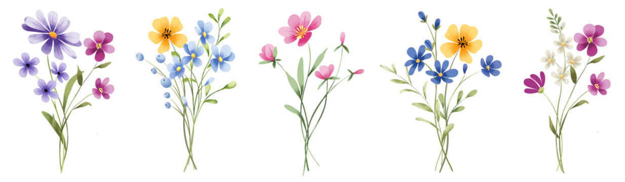 Flowers and leaves set, bouquets, digital illustration, summer design, watercolor hand painting. Perfectly for printing, sublimation.	