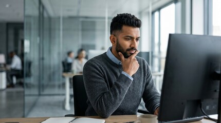 Obraz premium Indian male software developer analyzing code on monitor screen at modern IT office desk. Focused South Asian businessman or system analyst working on online data processing layout online.