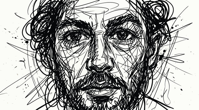 Scribble art portrait of a bearded man with intense gaze