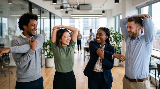 Happy multiracial office workers stretching arms doing morning exercise workout physical activity break together