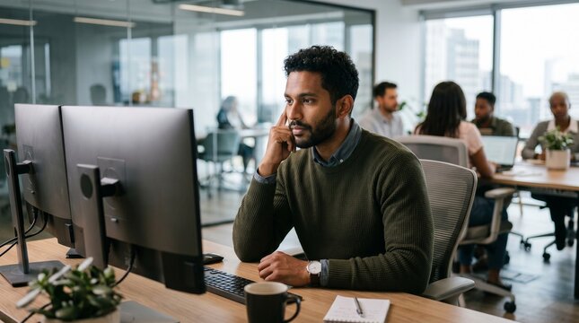 Serious young south asian male software developer working on desktop computer monitor in modern corporate office focused programmer systems engineer data analyst thinking deep thought