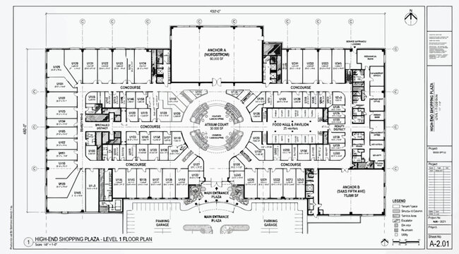 Architectural floor plan of a commercial shopping plaza building