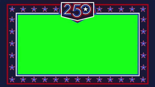 Patriotic 250 anniversary overlay frame with green screen center for easy content replacement in broadcasts, celebrations, presentations and promotional productions