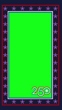 American 250 logo frame in red, white, and blue with a keyable center area for anniversary promotions, editorial packages, and vertical reels
