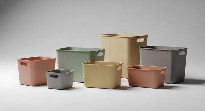 Set of colorful plastic storage bins and organization containers for home and office organization. muted color bin