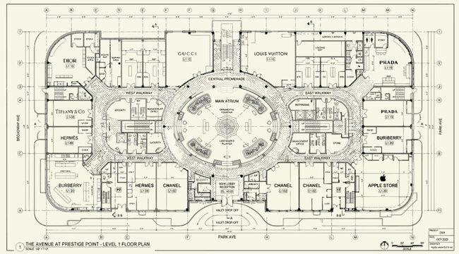 Architectural floor plan of a luxury retail shopping center with boutique store layouts