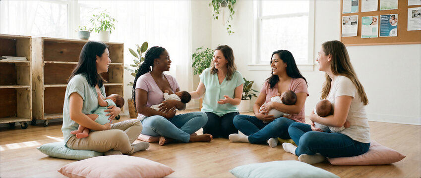 Diverse mothers attending breastfeeding support group with babies. World Breastfeeding Week education and community care