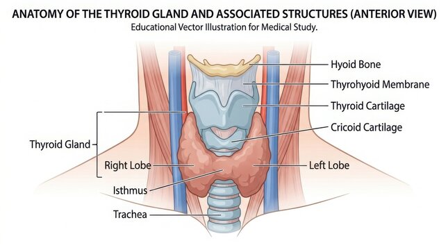 Anatomy of the human thyroid gland and neck structures illustration