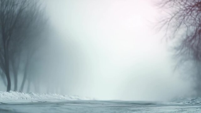 A quiet, snow covered road stretches into dense fog, flanked by leafless trees in a wintry scene. The misty ambiance evokes calmness, solitude, and a sense of peaceful isolation