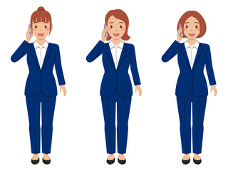 Fototapeta premium [全身] スマホで電話するワイシャツにネイビーパンツスーツの若い女性