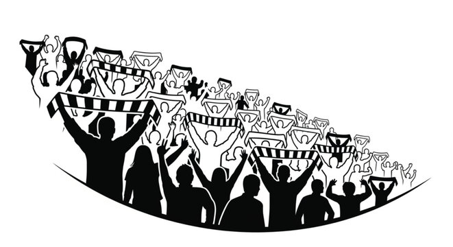 People protesting with raised hands and banners.