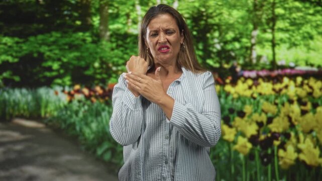Woman rubs wrist with pained grimace on a forest path near tulip beds, holding her forearm; pain recovery.