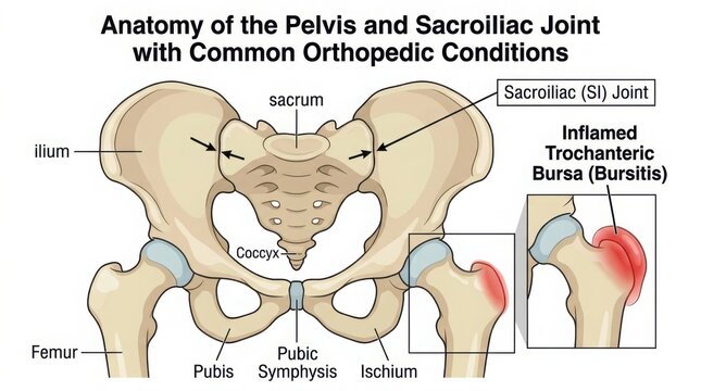 Anatomy of the human pelvis and sacroiliac joint diagram illustration