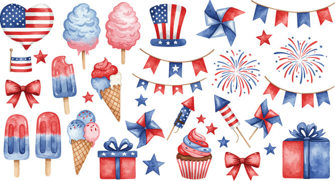 Watercolor collection of patriotic elements for fourth of july celebration featuring ice cream fireworks gift boxes and american flag themed decorations