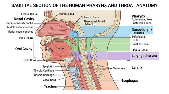 Anatomical diagram of human pharynx and throat structure illustration